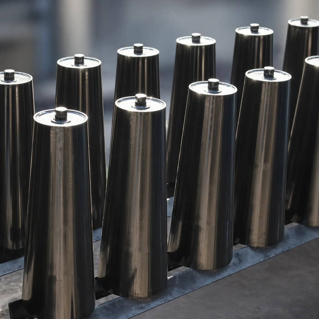Self-aligning conveyor idler set installed on a steel structure