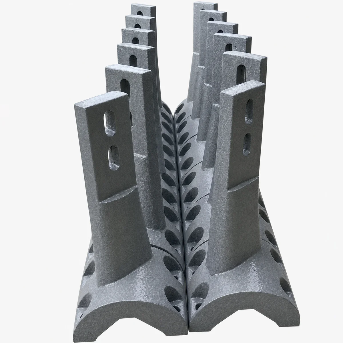 Heavy-duty cast ductile iron mixing arms for twin-shaft concrete mixers on a factory assembly line