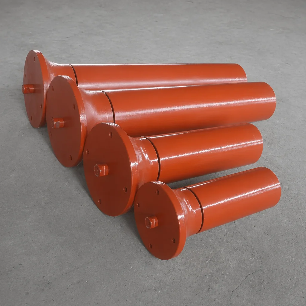 Heavy-duty rubber disc impact rollers installed in a conveyor loading zone